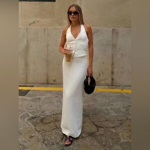 NWT COMMENSE Solid V-Neck Backless Tie Up Halter & Split Maxi Skirt Set